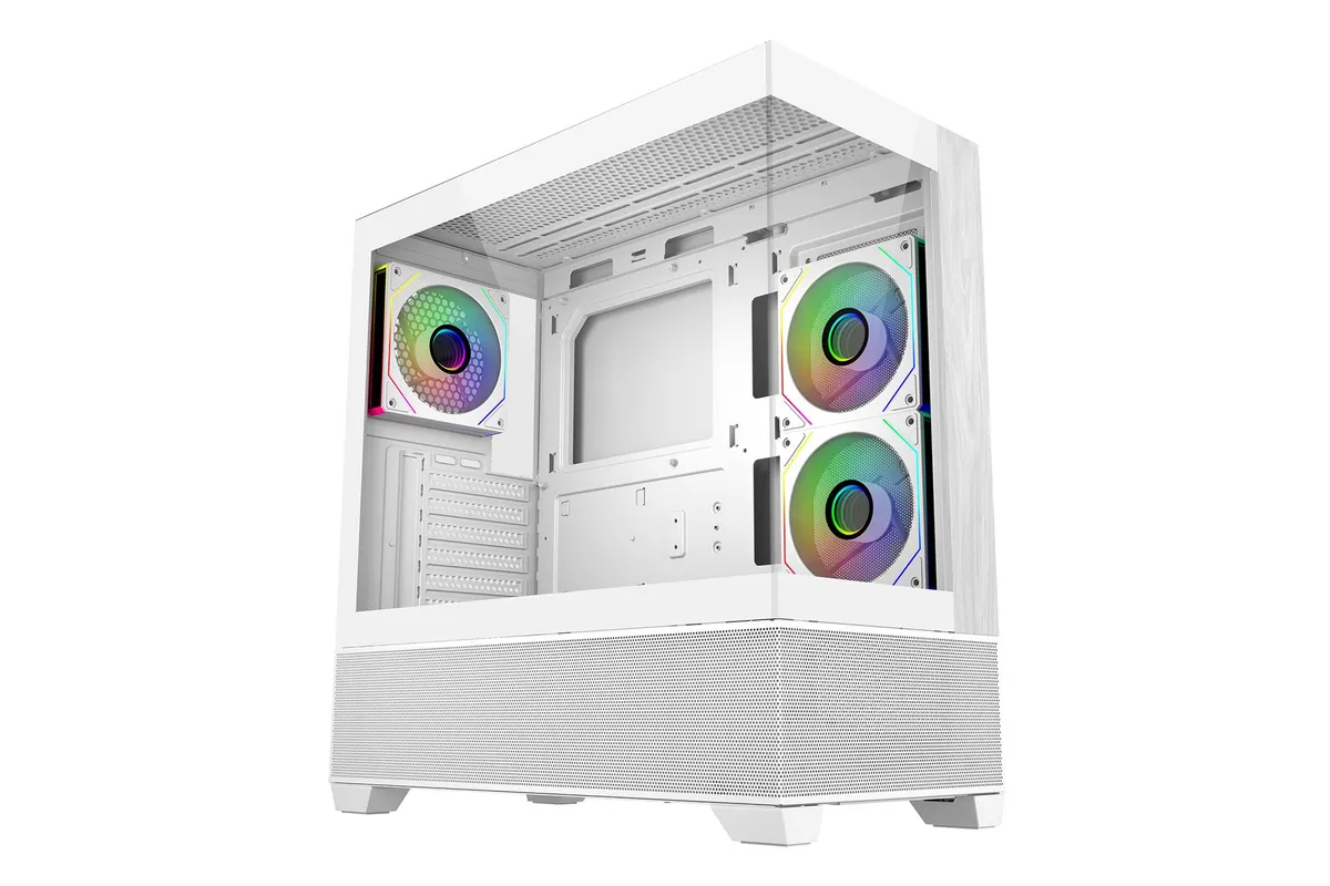 Elite 690 White | ATX Panorama-Gehäuse | 3× 120 mm ARGB PWM | Holz & Tempered Glass | USB-C 20 Gbit/s